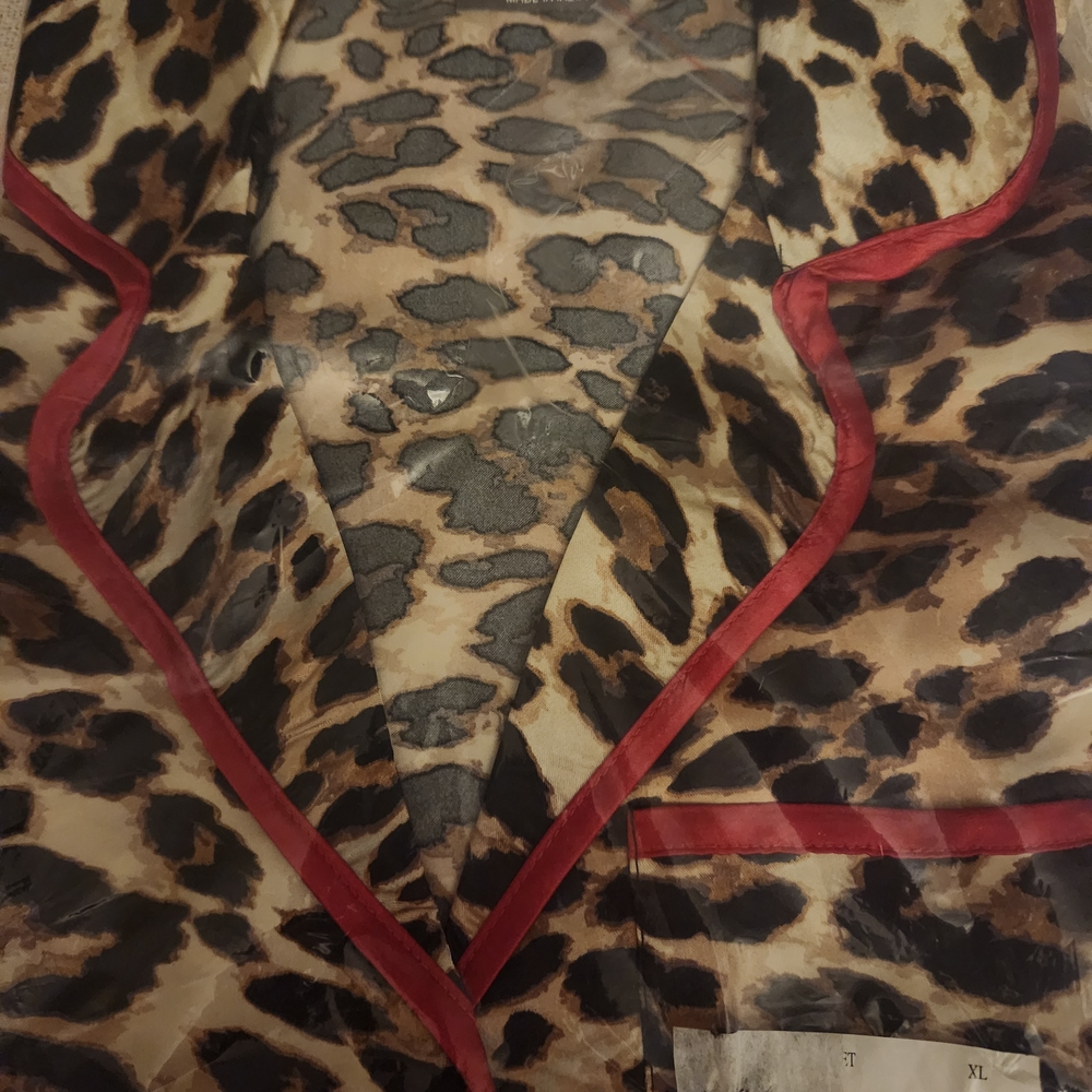 Leopard Print Satin Pajama Set with Red Trim